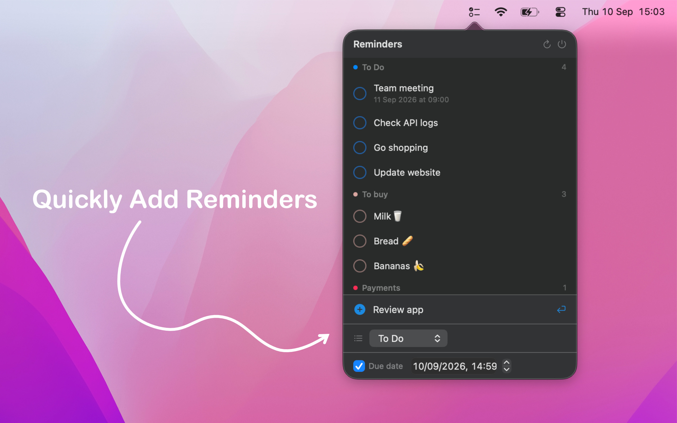 Bar Reminders menu bar panel in dark appearance with a new reminder form
