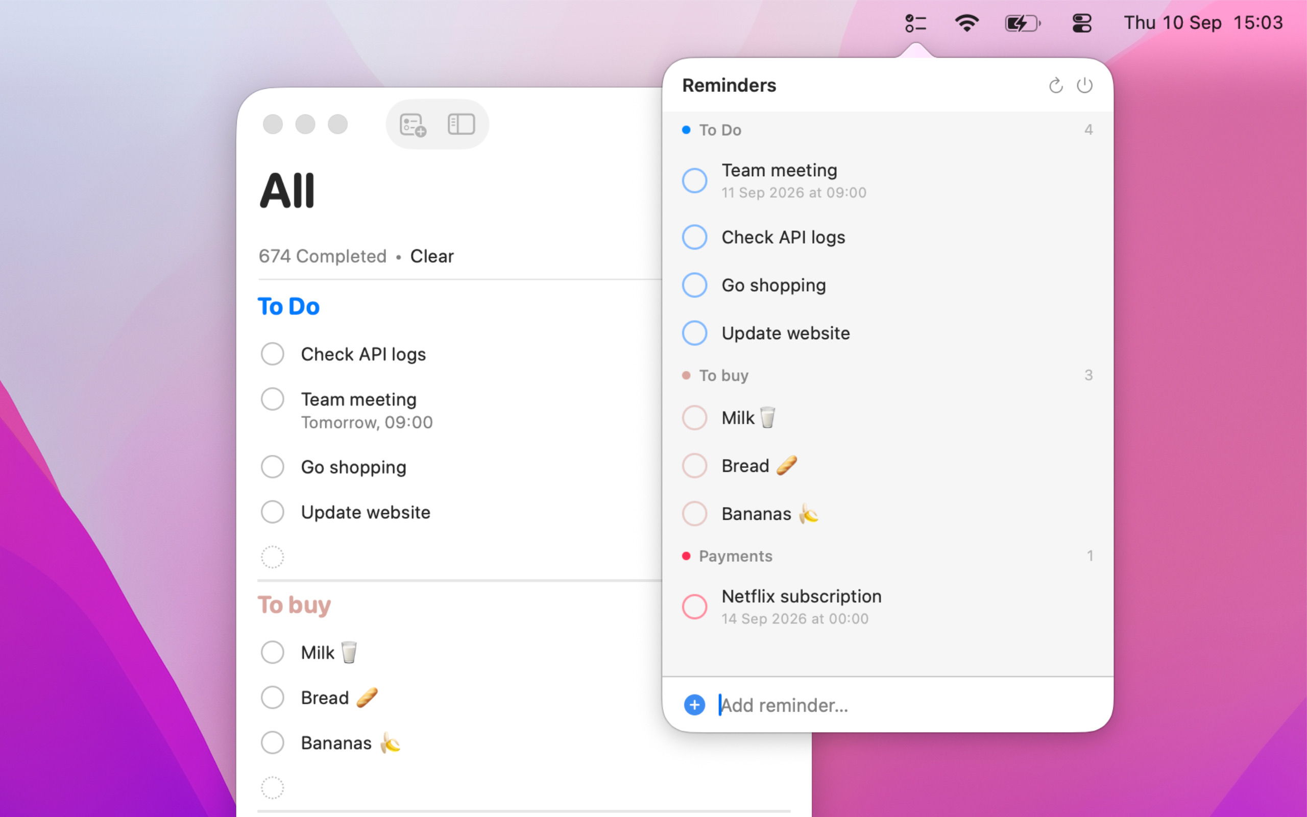 Bar Reminders showing reminder lists in light appearance