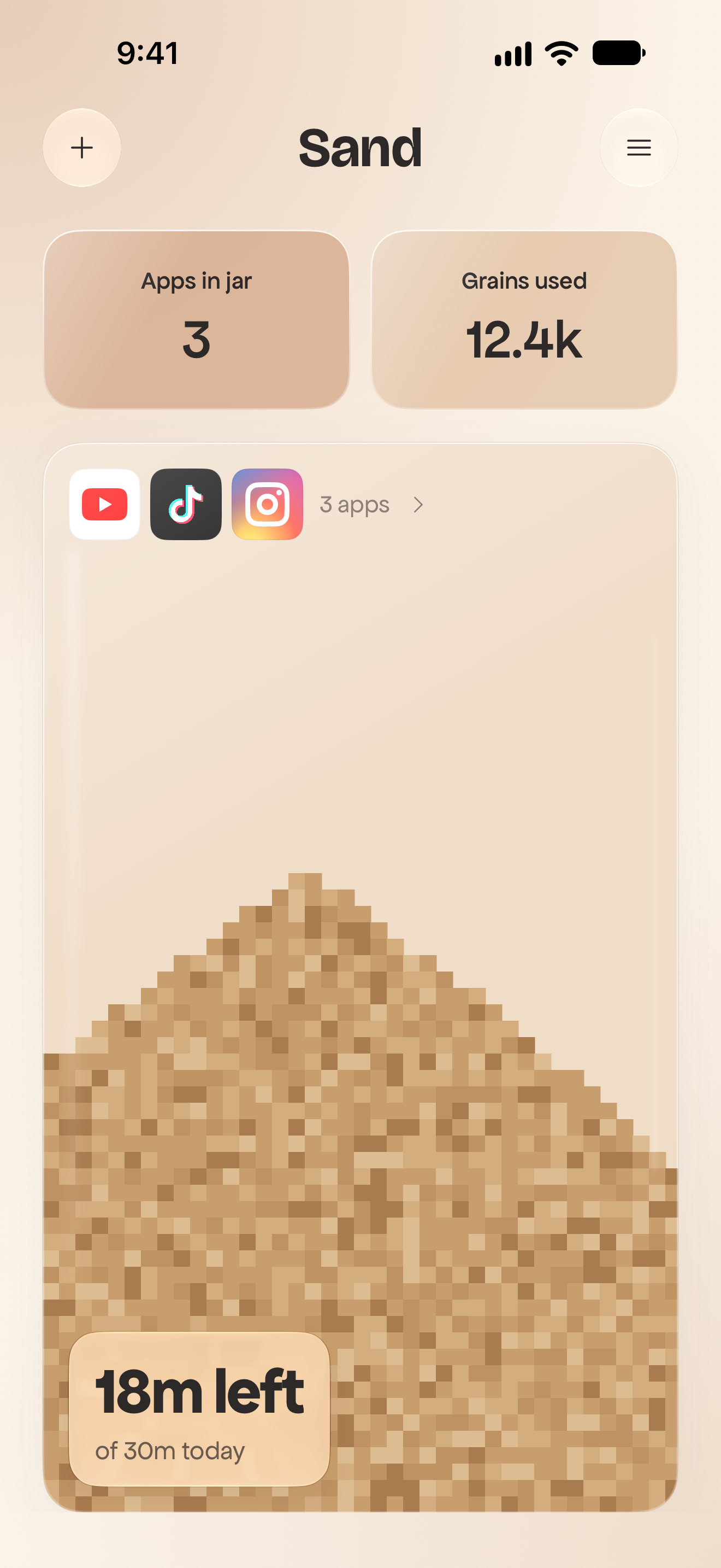 Sand home screen showing a jar with 18 minutes left