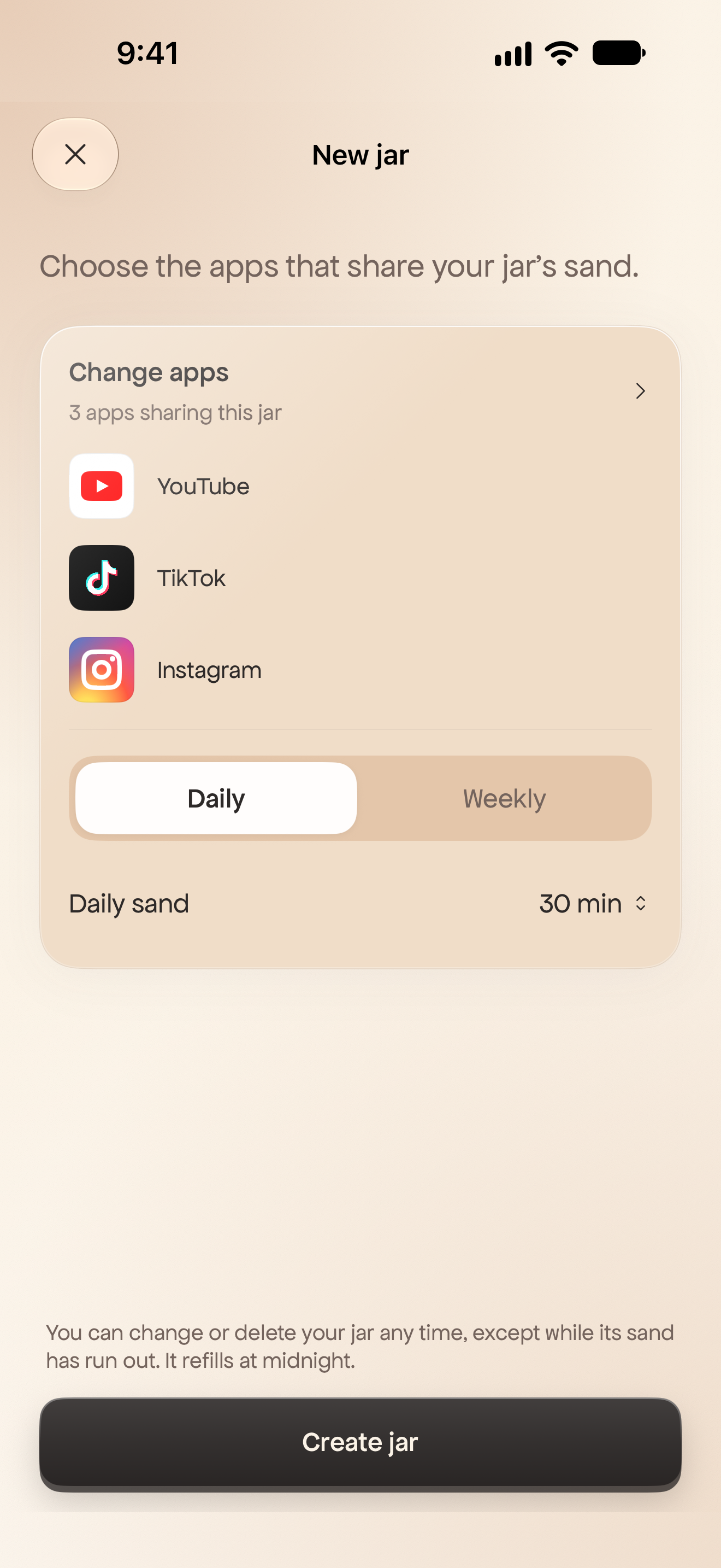 Sand new jar screen with selected apps and a daily limit