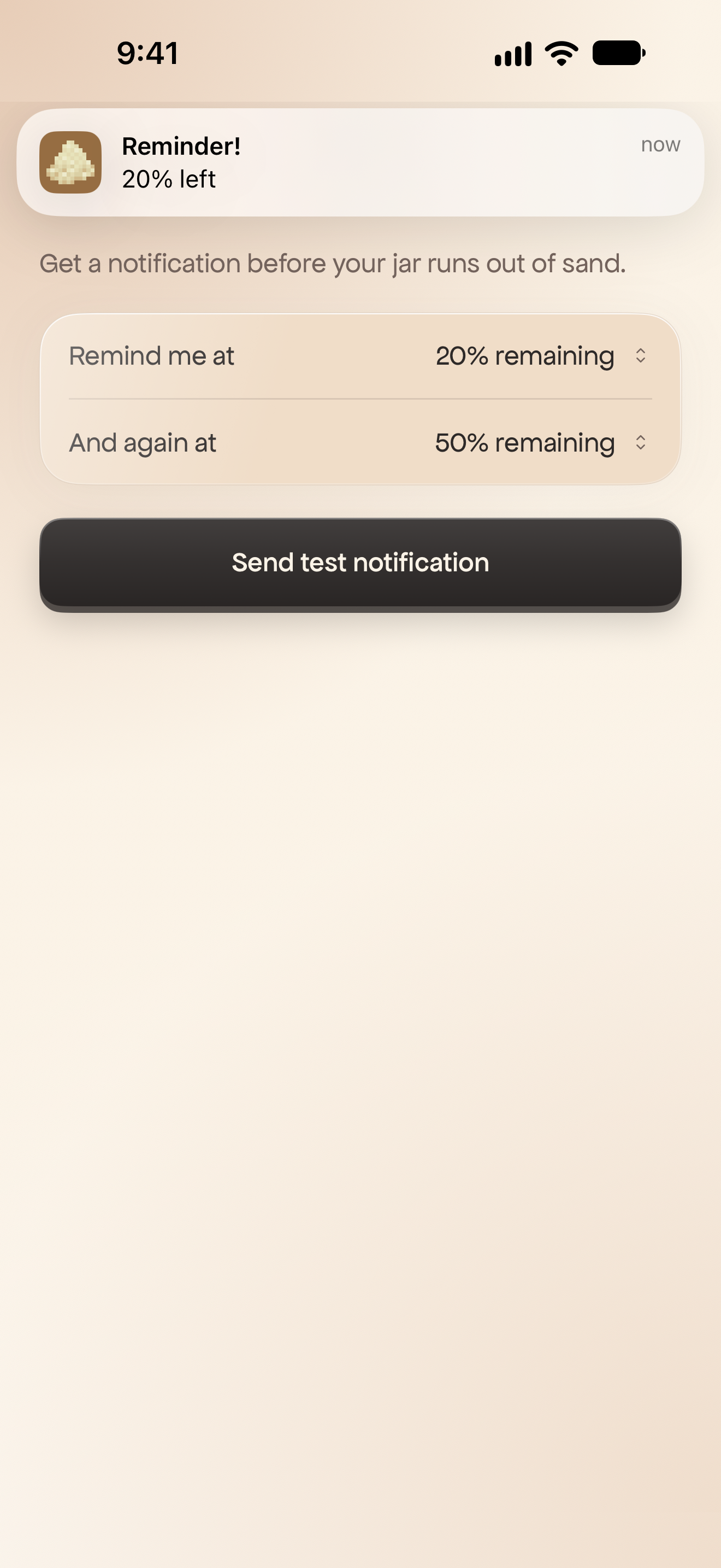 Sand reminder settings with a notification preview