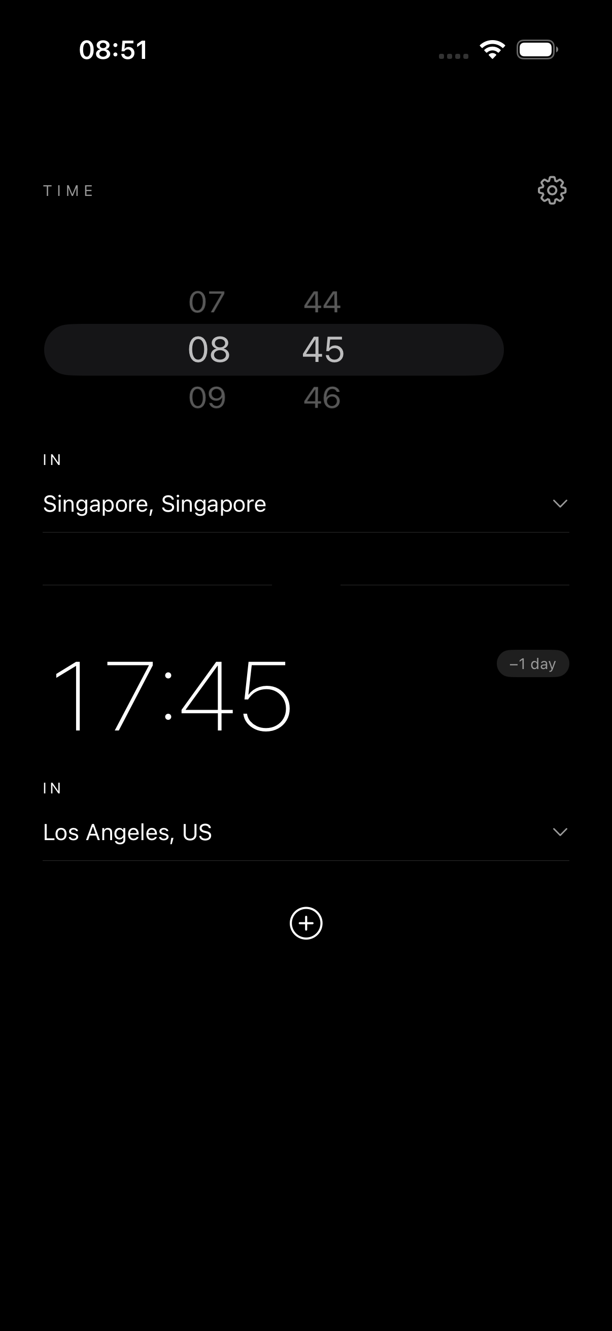 ZoneClock converting time from Singapore to Los Angeles in dark mode